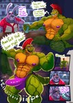 alligator alligatorid anthro ball_bulge bar bartender beverage big_muscles big_penis bonnie_(fnaf) clothed clothing comic crocodilian dialogue duo english_text erection erection_under_clothing erection_under_speedo five_nights_at_freddy's five_nights_at_freddy's:_security_breach fur genitals green_body hair hi_res himbo humor lagomorph leporid machine male mammal mohawk montgomery_gator muscular muscular_anthro muscular_male nipples pecs penis purple_body purple_fur purple_nipples red_hair reptile robot scalie scottgames sitting smile speedo steel_wool_studios swimwear text uniparasite