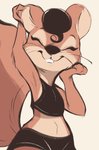 anthro brown_body brown_fur buckteeth clothed clothing crop_top eyes_closed female fully_clothed fur midriff shirt simple_background solo tan_background teeth topwear whiskers conditional_dnp tohupo surisu_(tohupo) mammal rodent sciurid tree_squirrel 2020 hi_res