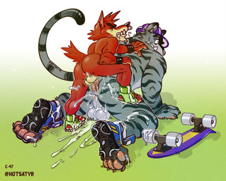 all_fours anal anal_penetration anthro anthro_on_anthro anthro_penetrated anthro_penetrating anthro_penetrating_anthro anus armpit_hair backsack ball_size_difference balls biceps black_stripes bodily_fluids body_hair butt claws clenched_teeth clothing cum cum_in_ass cum_inside cum_on_balls cum_on_feet cum_on_ground cum_on_leg cum_on_penis cum_on_self cum_splatter deltoids doggystyle dominant dominant_anthro dominant_male drooling duo ejaculation erection eyebrows eyes_closed facial_piercing fangs feet footwear from_behind_position fur genital_fluids genitals glans grass grey_body grey_fur grimace hat headgear headwear humanoid_genitalia humanoid_penis interspecies larger_male larger_penetrated male male/male male_penetrated male_penetrating male_penetrating_male messy muscular muscular_anthro muscular_bottom muscular_male muscular_thighs nose_piercing nose_ring orgasm paws penetration penile penile_penetration penis penis_in_ass penis_size_difference perineum piercing plant ring_piercing saliva sex sharp_teeth shoes shoulder_grab size_difference skateboard small_dom_big_sub small_top_big_bottom smaller_male spread_legs spreading striped_body striped_butt striped_fur stripes submissive submissive_anthro submissive_male tail tan_body tan_fur teeth thick_eyebrows thick_thighs toeless_footwear triceps underbite vehicle vein veiny_penis wide_eyed wristband hotsatyr atlus go!_go!_hypergrind sega decker vert_(go!_go!_hypergrind) canid canine canis felid feline mammal pantherine tiger wolf 2022 absurd_res hi_res signature