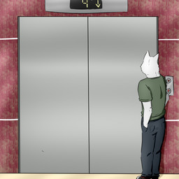 anthro bottomwear clothing denim denim_bottomwear denim_clothing elevator fur jeans male pants pushbutton shirt solo t-shirt topwear white_body white_fur samonaa2 lifewonders live_a_hero domestic_cat felid feline felis mammal 1:1 absurd_res hi_res