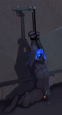 abs anthro balls bdsm biceps biped blue_hair bodily_fluids bondage bound chastity_cage chastity_cage_only chastity_device chastity_device_only dripping dungeon flaccid fur genital_fluids genitals hair kneeling leaking lock male muscular muscular_anthro muscular_male muscular_sub nude orange_eyes padlock pecs penis phallic_chastity_device precum precum_drip presenting solo submissive submissive_male wearing_chastity_cage wearing_chastity_device no_swift forneus domestic_cat felid feline felis mammal hi_res
