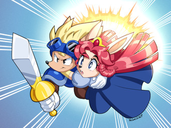 5_fingers anthro armor arms_around_neck black_eyebrows black_eyes black_nose blonde_hair blue_armor blue_clothing blue_dress blue_eyes blue_eyewear blue_goggles breastplate clothed clothed_anthro clothed_female clothed_male clothing crown determined dress duo explosion eyebrows eyewear eyewear_on_head female female_anthro fingers fur gloves goggles goggles_on_head gold_(metal) gold_tiara hair handwear headgear holding_melee_weapon holding_object holding_sword holding_weapon long_hair male male_anthro melee_weapon open_mouth pauldron pink_hair pink_tongue pupils short_hair side_snout snout sword tan_body tan_fur teeth tiara tongue weapon white_clothing white_gloves white_handwear white_pupils wide_eyed yellow_clothing yellow_gloves yellow_handwear rongs1234 konami rocket_knight_adventures princess_sherry sparkster american_opossum mammal marsupial 2024 4:3 dated hi_res signature