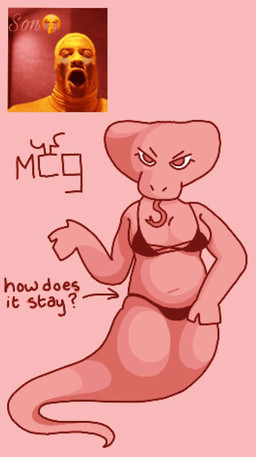anthro apode big_breasts bra breasts clothing curvy_figure female forked_tongue legless natural_colors serpentine slightly_chubby solo text thick_thighs tongue tongue_out underwear unimpressed voluptuous mcgriddy draconcopode naga reptile scalie snake hi_res meme