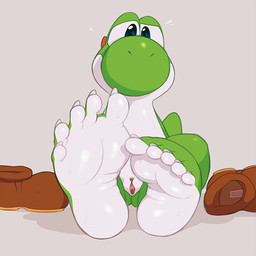 5_toes anthro barefoot bodily_fluids claws feet female foot_fetish foot_focus genitals humanoid_feet looking_at_viewer nails plantigrade soles solo sweat toe_claws toenails toes vulva wrinkled_feet wrinkles third-party_edit zonkpunch mario_bros nintendo dinosaur green_yoshi prehistoric_species reptile scalie yoshi hi_res
