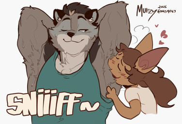 anthro armpit_fetish armpit_hair armpit_play armpit_sniffing armpit_tuft biped blush bodily_fluids body_hair brown_body brown_fur cheek_tuft clothed clothing countershading duo facial_markings facial_tuft fingers front_view fur hair head_markings long_ears long_hair looking_pleasured male markings mask_(marking) multicolored_body multicolored_fur muscular muscular_anthro muscular_male one_eye_closed onomatopoeia open_mouth pecs raised_arm shirt smile smirk sniffing sound_effects steam sweat tank_top text topwear tuft white_clothing white_shirt white_topwear murizy promises_to_keep hunter_(promises_to_keep) murizy_(character) bat mammal procyonid raccoon 2026 colored digital_drawing_(artwork) digital_media_(artwork) hi_res