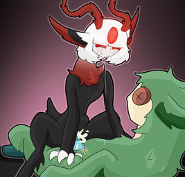 andromorph antennae_(anatomy) black_body bodily_fluids bulge cum dildo drooling genital_fluids glowing hair intersex male multi_eye objectophilia plushie red_eyes saliva sex_toy solo squish white_hair shizameakanzatsu humanoid monster nethermare absurd_res hi_res