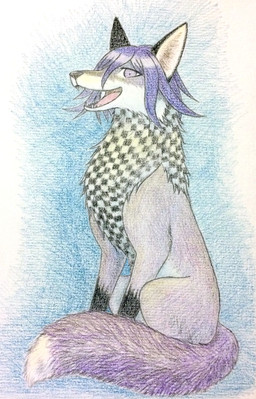 black_ears black_paws checkered checkered_fur dipstick_tail fangs feral hair inner_ear_fluff male markings open_mouth purple_hair purple_tail solo tail tail_markings teeth tuft white_inner_ear_fluff white_tail_tip michirunijiaka danganronpa danganronpa_v3 spike_chunsoft kokichi_oma canid canine fox mammal 2021 absurd_res colored_pencil_(artwork) graphite_(artwork) hi_res traditional_media_(artwork)