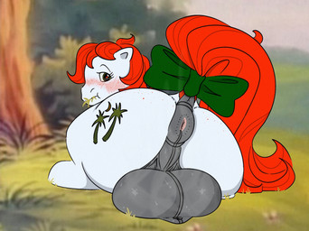 accessory anus balls big_anus big_balls big_butt black_anus black_balls black_tail blush blush_lines bow_ribbon butt cutie_mark dock_(anatomy) eating_grass equine_anus feral freckled_butt freckled_face freckles fur furgonomics genitals green_eyes hair heart_pupils heart_symbol looking_at_viewer looking_back looking_back_at_viewer male puffy_anus rear_view red_hair red_tail ribbons screencap screencap_background solo tail tail_accessory tail_bow tail_ribbon white_body white_ears white_fur gafftopsail hasbro mlp_g1 my_little_pony paradise_(mlp) equid equine horse mammal pony 2025 hi_res gynomorph_(lore)