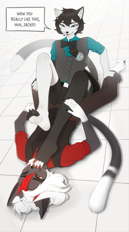 anthro bottomwear bow_tie clothed clothing collared_shirt colored_nails dress_shirt duo feet foot_fetish foot_lick foot_on_chest foot_play hand_on_leg holding_down horn humanoid_feet laid_back laid_down licking male male/male nails pants plantigrade shirt shorts sitting_between_legs text toe_lick toes tongue topwear vest 0xk1ru kinneru custom_ink jackson_thorne cat_demon demon domestic_cat felid feline felis mammal absurd_res english_text hi_res