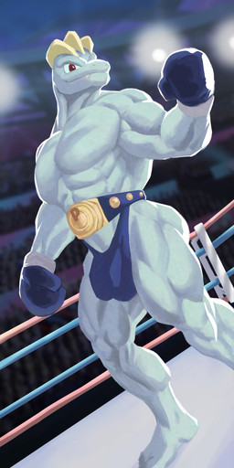 abs anthro barefoot belt blue_body blue_clothing boxing_gloves bulge championship_belt clothed clothing detailed_bulge feet fighting_ring handwear male muscular muscular_anthro muscular_male muscular_thighs pecs red_eyes solo stadium standing thong underwear wrestler tiburalgo nintendo pokemon generation_1_pokemon humanoid machoke pokemon_(species) absurd_res hi_res