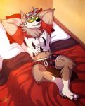 anthro bed clothed clothing eyewear fur furniture hat headgear headwear male mascot muscular muscular_anthro muscular_male pillow solo sunglasses underwear gothwolf old_spice wolfthorn_(old_spice) canid canine canis mammal wolf 2017 absurd_res hi_res