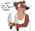 anthro brown_body brown_fur clothed clothing dialogue fangs fur holding_knife holding_object holding_weapon knife male male_anthro open_mouth shirt simple_background solo tank_top teeth text topwear weapon white_background skunkbutt_(artist) disney zootopia duke_weaselton moe_szyslak mammal mustelid musteline true_musteline weasel english_text