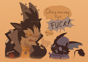 accessory anthro beak big_ears black_beak black_body black_clothing black_fur black_jacket black_tail black_tail_tuft black_topwear blue_clothing blue_eyes blue_hat blue_headgear blue_headwear blue_inner_ear blue_pajamas blue_topwear bracelet chain_accessory clothed clothed_anthro clothed_male clothing dialogue duo ear_piercing ear_ring empty_eyes eye_contact fur hat headgear headwear holding_object holding_pillow horn humor jacket jewelry looking_at_another male male_anthro nightcap open_beak open_mouth pajamas pattern_clothing pattern_hat pattern_headgear pattern_headwear pattern_topwear piercing pillow profanity ring_piercing semi-anthro shirt simple_background size_difference speech_bubble spiked_bracelet spikes striped_clothing striped_hat striped_headgear striped_headwear striped_topwear stripes tail tail_tuft text topwear tuft yellow_clothing yellow_eyes yellow_shirt yellow_topwear young young_anthro young_male stupidpumpkin deadlock_(game) mythology valve billy_(deadlock) rem_(deadlock) avian bird bovid caprine chimera dream_creature goat gryphon mammal mythological_avian mythological_creature owl 2026 english_text hi_res yellow_theme