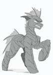 clenched_teeth exoskeleton fangs feral hooves male pose quadruped raised_hoof sharp_teeth simple_background solo teeth white_background underpable villainshima_(artist) friendship_is_magic hasbro my_little_pony villainshima arthropod changeling absurd_res greyscale hi_res monochrome sketch