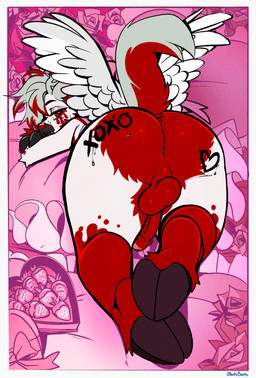 anthro anus balls bedroom_eyes body_writing butt foreskin genitals holidays hooves looking_back male male/male narrowed_eyes penis presenting presenting_anus presenting_hindquarters raised_tail seductive solo tail teasing teasing_viewer wings writing_on_butt sparkibarki valentine's_day folfie_winter canid canine canis deer hybrid mammal wolf absurd_res hi_res
