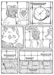 absurd_res anthro bear black_and_white canid canine clock clothed clothing comic electronics english_text eric_doyle fox group hi_res hybrid inside kifyun2 male mammal microphone monochrome ocular_prosthetic prosthetic scar scientist(undying_void) simple_background sound_effects speech_bubble text trio