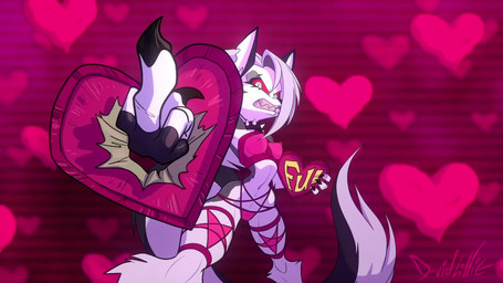angry anthro black_nose breasts clothed clothing eyebrow_piercing eyebrow_ring facial_piercing female fingerless_gloves fur gesture gloves hair hand_gesture handwear heart_symbol holidays middle_finger navel piercing red_sclera ring_piercing smile solo david_lillie hellaverse helluva_boss mythology valentine's_day loona_(helluva_boss) canid canid_demon canine demon hellhound mammal mythological_canine mythological_creature 16:9 2024 animated hi_res no_sound short_playtime video widescreen