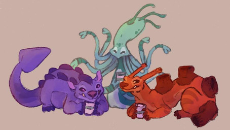 ambiguous_gender brown_nose claws container cup eyes_closed feral group happy holding_container holding_cup holding_object leg_markings markings orange_body purple_body purple_claws purple_nose purple_spines simple_background smile spade_tail tail tan_background teal_body tentacles trio hepllepl disney lilo_and_stitch richter_(lilo_and_stitch) yang_(lilo_and_stitch) yin_(lilo_and_stitch) alien experiment_(lilo_and_stitch) 2022 digital_drawing_(artwork) digital_media_(artwork) female_(lore) male_(lore)
