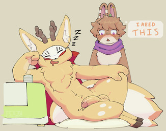 anthro antlers aroused_face balls blush bodily_fluids brown_body brown_fur cape chest_tuft clothing container cup digitigrade drooling duo ear_piercing fluffy fluffy_tail fur furniture genitals hair half-erect hooves horn inner_ear_fluff long_ears male markings mask messy_hair penis piercing purple_eyes saliva scarf sleeping sound_effects table tail tuft vowelless vowelless_sound_effect wearing_mask white_markings zzz isaaacart fabulous_beasts fenz_(studio) sibuxiang_the_deer_(fabulous_beasts) tuye_(fabulous_beasts) deer lagomorph leporid mammal rabbit spirit digital_media_(artwork) hi_res