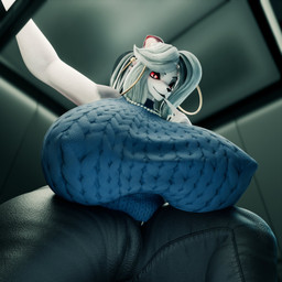 anthro big_breasts big_butt biped bottomwear breasts butt camel_toe clothed clothing covered_nipples cramped denim denim_bottomwear denim_clothing elevator female female_anthro fur grey_hair hair huge_breasts jeans kneeling looking_at_viewer looking_down looking_down_at_viewer looming macro macro_anthro macro_female pants red_eyes solo thick_thighs tight_clothing white_body white_fur neonnnzz dogzeela_(modeler) hellaverse helluva_boss mythology loona_(helluva_boss) canid canid_demon canine demon hellhound mammal mythological_canine mythological_creature 1:1 3d_(artwork) colored digital_media_(artwork) hi_res