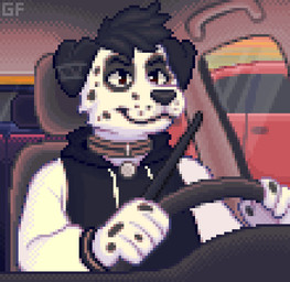 anthro car clothing collar floppy_ears jacket male music solo topwear traffic vehicle grumpyfart canid canine canis dalmatian domestic_dog mammal animated digital_media_(artwork) pixel_(artwork) pixel_animation