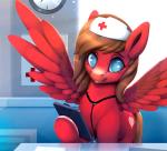 blue_eyes brown_hair clothing cutie_mark detailed_background feathered_wings feathers female feral freckles fur hair hat headgear headwear hooves looking_at_viewer nurse nurse_clothing nurse_hat nurse_headwear red_body red_feathers red_fur smile solo teeth wings rodrigues404 hasbro my_little_pony mythology fan_character equid equine mammal mythological_creature mythological_equine pegasus 2d_animation animated motion_tweening short_playtime