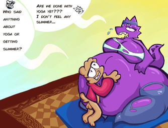 abstract_background anthro balls bedroom_eyes belly big_balls big_belly big_breasts big_butt big_penis bottomwear breasts butt clothing dialogue duo genitals half-closed_eyes huge_belly huge_breasts huge_penis hyper hyper_belly hyper_genitalia hyper_penis juxtaposition male male/male narrowed_eyes overweight pants penis pregnant seductive size_difference slightly_chubby speech_bubble text torn_clothing wide_hips yoga_mat yoga_pants mammal scalie english_text hi_res