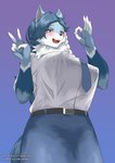 anthro big_breasts blue_body blue_bottomwear blue_clothing blue_fur blue_skirt blush bottomwear breasts clothing female fur highschool_uniform huge_breasts multicolored_body multicolored_fur shirt skirt solo topwear white_body white_clothing white_fur white_shirt white_topwear kimino_freewings zafira_(riza) canid canine canis mammal wolf hi_res