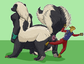 animal_genitalia anthro anthro_prey anus arthropod_webbing balls big_balls big_penis black_body black_fur blue_eyes bodily_fluids bound claws clothed clothed_anthro clothing duo fully_clothed fully_clothed_anthro fur genital_fluids genitals green_background imminent_anal_vore imminent_vore male male/male male_anthro male_pred male_prey male_taur penis penis_tip precum raised_tail sheath simple_background spray_glands tail taur_pred web_bondage white_body white_fur yellow_eyes strega manak canid mammal mammal_taur mephitid skunk taur 2026 absurd_res hi_res