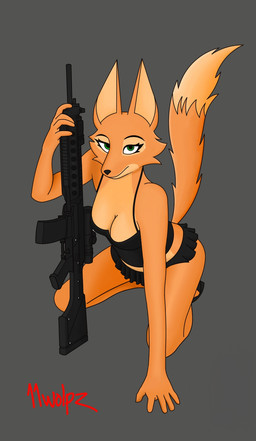 anthro big_ears black_bottomwear black_bra black_clothing black_skirt black_underwear bottomwear bra clothing female fur green_eyes grey_background gun high-angle_view holding_object holding_weapon kneeling looking_at_viewer multicolored_body orange_body orange_fur raised_tail ranged_weapon rifle ruffled_skirt seductive simple_background skirt solo tail two_tone_body underwear weapon 11wolpz dreamworks the_bad_guys diane_foxington canid canine fox mammal hi_res