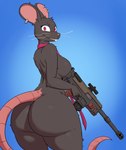 anthro big_breasts big_butt biped black_body black_fur blue_background breasts buckteeth butt ear_piercing female fur gun holding_gun holding_object holding_ranged_weapon holding_weapon huge_butt long_tail looking_at_viewer looking_back looking_back_at_viewer piercing pupils ranged_weapon red_pupils simple_background smile solo tail teeth thick_thighs weapon wide_hips yoelrabbit epic_games fortnite camille_(fortnite) mammal murid murine rat rodent hi_res