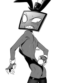 bunny_costume butt clothing costume electronics fake_ears fake_rabbit_ears for_a_head hat headgear headwear male not_furry screen screen_face solo television enaic31 hazbin_hotel hellaverse vox_(hazbin_hotel) demon demon_humanoid humanoid object_head screen_head tv_head absurd_res greyscale hi_res monochrome portrait three-quarter_portrait