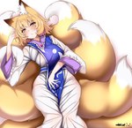 5_fingers big_tail biped blonde_hair blue_clothing blush breasts brown_body brown_ears brown_fur brown_inner_ear clothed clothing curvy_female curvy_figure curvy_humanoid dipstick_ears dipstick_tail dress ear_markings eyelashes female fingers fluffy fluffy_tail front_view fully_clothed fur glistening glistening_clothing glistening_hair hair hourglass_figure hourglass_figured_female hourglass_figured_humanoid humanoid_hands inner_ear_fluff light_body light_skin looking_at_viewer lying lying_on_tail markings medium_breasts monotone_hair multi_tail multicolored_body multicolored_ears multicolored_fur multicolored_tail on_back on_tail resting_on_tail short_hair simple_background small_waist solo tabard tail tail_markings thick_tail tight_clothing tight_dress tuft two_tone_ears two_tone_tail white_background white_body white_clothing white_dress white_fur white_inner_ear_fluff white_tail wide_hipped_female wide_hipped_humanoid wide_hips yellow_body yellow_ears yellow_eyes yellow_fur yellow_tail wildcatf14 touhou ran_yakumo animal_humanoid canid canid_humanoid canine canine_humanoid fox_humanoid humanoid mammal mammal_humanoid digital_media_(artwork) portrait three-quarter_portrait