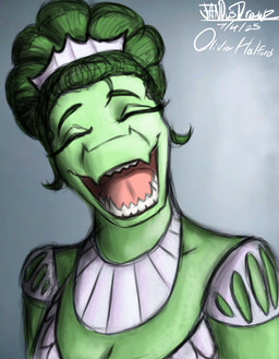 anthro clothing crown dress eyes_closed female green_body green_hair grey_background hair happy headgear long_hair looking_at_viewer open_mouth open_smile sharp_teeth simple_background smile solo teeth text tiara white_clothing white_dress joebamna cavemanon_studios i_wani_hug_that_gator twin_peaks olivia_halford baryonyx dinosaur prehistoric_species reptile saurischian scalie spinosaurid theropod 2025 artist_name bust_portrait character_name colored dated portrait shaded
