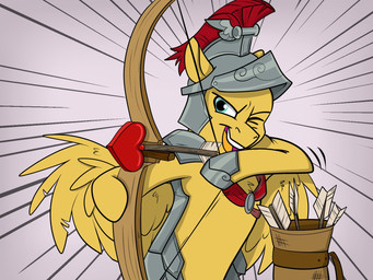 armor arrow_(weapon) arrow_quiver blue_eyes bow_(weapon) feathered_wings feathers feral galea headgear heart_symbol helmet male one_eye_closed quiver_(object) ranged_weapon solo speed_lines weapon wings rutkotka friendship_is_magic hasbro my_little_pony mythology flash_magnus_(mlp) equid equine mammal mythological_creature mythological_equine pegasus hi_res