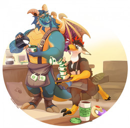 anthro apron beard biceps blue_body blue_hair blue_scales blush brown_body brown_feathers claws clothing coffee_shop container cup duo eyes_closed facial_hair facial_piercing facial_spikes feathers footwear furgonomic_piercing furgonomics furniture hair holding_container holding_cup holding_mug holding_object horn horn_piercing interspecies larger_male looking_at_another male manly mature_anthro mature_male mug multicolored_body multicolored_feathers muscular muscular_anthro muscular_male mustache nose_piercing nose_ring piercing ring_piercing scales size_difference smaller_male sofa spiked_tail spikes spikes_(anatomy) tail tail_feathers tan_body tan_scales tattoo toeless_footwear white_body white_feathers wings dragonasis activision mythology nintendo pokemon spyro_reignited_trilogy spyro_the_dragon anthor gavin_(spyro) rescued_dragons_(spyro) avian dragon generation_4_pokemon mythological_creature mythological_scalie pokemon_(species) reptile scalie staraptor 2023 hi_res