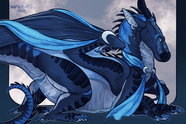 abstract_background animal_genitalia black_body black_scales blue_eyes bodily_fluids claws cloaca cloaca_juice ear_piercing ear_ring female feral finger_claws genital_fluids genitals horn long_neck long_tail membrane_(anatomy) membranous_wings piercing quadruped ring_piercing scales smile snout solo tail thick_tail toe_claws wing_claws wings vantabats european_mythology mythology wings_of_fire moonglow dragon mythological_creature mythological_scalie nightwing_(wof) scalie western_dragon 2026 hi_res shaded signature