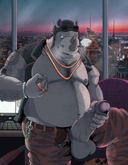 5_fingers anthro areola balls belly big_penis bodily_fluids body_hair bottomwear building city cityscape clothed clothing collar erection eyewear eyewear_on_head fingers foreskin genital_fluids genitals glasses glasses_on_head hairy_balls headgear headwear horn humanoid_genitalia humanoid_hands humanoid_penis jacket leaking_precum male masturbation muscular muscular_anthro muscular_male nails nipple_fetish nipple_pinch nipple_play nipples open_bottomwear open_clothing open_jacket open_pants open_topwear overweight overweight_anthro overweight_male pants partially_retracted_foreskin pecs penis pinch precum ring skyscraper smile solo standing tattoo topwear urethra vein veiny_penis grondraws teenage_mutant_ninja_turtles rocksteady mammal rhinoceros absurd_res digital_media_(artwork) hi_res
