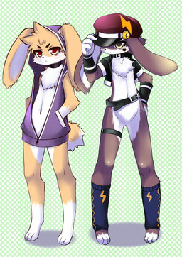 :< ambiguous_gender anthro belt black_nose bottomless brown_body brown_fur chest_tuft claws clothed clothing collar digitigrade duo eyelashes facial_markings fur hat head_markings headgear headwear heart_symbol hoodie jacket leg_warmers legband legwear looking_at_viewer markings navel partially_clothed paws red_eyes simple_background smile standing topwear tuft white_body white_fur wristband yellow_body yellow_eyes yellow_fur wolflong lagomorph leporid mammal rabbit character_request