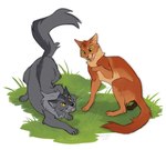 ambiguous_gender brown_body brown_fur duo feral fur grass green_eyes grey_body grey_fur plant yellow_eyes jeniak warriors_(book_series) firestar_(warriors) graystripe_(warriors) domestic_cat felid feline felis mammal 2021 digital_media_(artwork) flat_colors male_(lore)