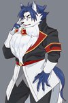 anthro blue_body blue_fur bottomwear clothing eyewear fur glasses kemono male pants simple_background solo white_body white_fur 1boshi sleepy_princess_in_the_demon_castle great_red_siberian canid canine canis domestic_dog mammal 2020 2:3