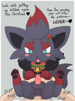 anal anal_penetration animal_genitalia animal_penis balls bell bestiality bestiality_humiliation blush blush_lines blush_stickers bodily_fluids christmas_decorations dialogue duo feral feral_penetrated first_person_view fleshlight_position genitals heart_symbol holly_(plant) human_on_feral human_penetrating human_penetrating_feral insult insulting_viewer interspecies looking_at_viewer male male/male male_on_feral male_penetrated male_penetrating male_penetrating_feral male_penetrating_male male_pov motion_lines pawpads paws penetrating_pov penetration penile penile_penetration penis plant plap_(sound) pokephilia pokephilia_humiliation profanity ribbons sex smug sound_effects talking_feral talking_to_viewer tapering_penis teasing teasing_viewer text ichiwa_feather nintendo pokemon generation_5_pokemon human mammal pokemon_(species) zorua 3:4 absurd_res english_text hi_res