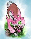 ambiguous_gender cotton_tail feral fungus fur grass green_eyes horn log looking_offscreen mushroom pink_body pink_fur plant smile solo wood tomstrom lagomorph leporid mammal rabbit 4:5 hi_res