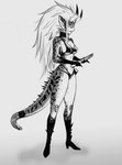 anthro bikini bikini_top boots clothing ear_piercing ear_ring female footwear hair high_heeled_boots high_heels horn knife long_hair piercing ring_piercing shoes simple_background solo swimwear two-piece_swimsuit androidz one-punch_man one_(manga) raptora lizard monster reptile scalie hi_res monochrome