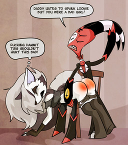 anthro bottomwear bottomwear_down butt butt_slap clothed clothing corporal_punishment dialogue duo female lying male male/female on_front otk pants pants_down partially_clothed profanity slap spanking speech_bubble tail text arkham-insanity hellaverse helluva_boss blitzo_(helluva_boss) loona_(helluva_boss) demon humanoid english_text adopted_(lore) adopted_daughter_(lore) daughter_(lore) father_(lore) father_and_child_(lore) father_and_daughter_(lore) parent_(lore) parent_and_child_(lore) parent_and_daughter_(lore)