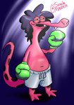 anthro belly boxing_attire boxing_gloves boxing_shorts boxing_trunks clothing curled_hair determined facial_hair goatee hair handwear light male markings navel sharp_teeth solo spots spotted_body teeth srirachamander ander amphibian salamander better_version_at_source lighting