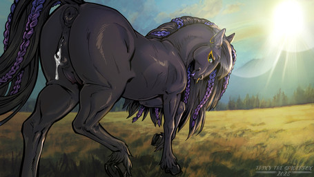 after_sex anatomically_correct anatomically_correct_genitalia anatomically_correct_vulva animal_genitalia animal_vulva anus black_body black_fur black_hair black_hooves bodily_fluids butt cum cum_in_vagina cum_inside equine_genitalia equine_vulva eyeliner facial_piercing female feral field fur genital_fluids genitals hair hooves leaking_cum lips lipstick long_tail looking_at_viewer looking_back looking_back_at_viewer makeup nose_piercing nose_ring piercing puffy_anus quadruped ring_piercing solo tail teats unguligrade vulva trixythespiderfox equid equine horse mammal 16:9 2025 hi_res widescreen