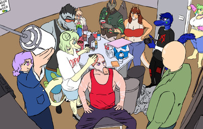 anthro bald big_breasts black_clothing black_shirt black_tank_top black_topwear blonde_hair blue_body blue_clothing blue_eyes blue_feathers blue_hair blue_jacket blue_topwear bottomwear breasts brown_body brown_hair chain_necklace clothed clothed_anthro clothed_female clothed_human clothed_male clothing denim denim_bottomwear denim_clothing denim_shorts eyewear facial_horn feathered_tail feathers female fingers floral_print furniture green_body green_clothing green_hair green_jacket green_scales green_topwear grey_body grey_bottomwear grey_clothing grey_pants group hair hair_bun horn huge_breasts humanoid_hands inside jacket jewelry long_hair looking_aside looking_at_another male medium_hair navel necklace non-mammal_breasts non-mammal_navel obese obese_anthro obese_female orange_body overweight overweight_anthro overweight_female pants pink_body purple_bottomwear purple_clothing purple_eyes purple_hair purple_pants red_clothing red_shirt red_tank_top red_topwear scales shaving_head shirt short_hair shorts sitting smile smirk smug spiked_tail spikes spikes_(anatomy) standing sunglasses table tail tan_body tank_top tapering_tail topwear twin_buns white_clothing white_shirt white_topwear yellow_eyes 2sleepee cavemanon_studios goodbye_volcano_high ko_op_(game_developer) snoot_game anon_(snoot_game) chadshark_(snoot_game) naomi_(gvh) naser_(gvh) reed_(gvh) rosa_(gvh) sage_(gvh) stella_(gvh) stella_(gvh_beta) aquatic aquilops ceratopsian dinosaur dromaeosaurid fish hadrosaurid human mackerel_shark mammal marginocephalian megalodon microraptor ornithischian ornithopod parasaurolophus prehistoric_species pterosaur reptile saurischian scalie shark stegosaurian stegosaurus theropod thyreophoran velociraptor absurd_res colored hi_res