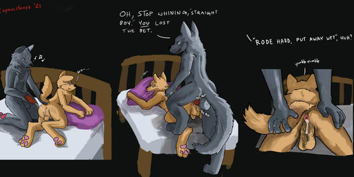 all_fours anal anal_penetration anatomically_correct anatomically_correct_genitalia animal_genitalia animal_penis anthro anthro_on_anthro anthro_penetrated anthro_penetrating anthro_penetrating_anthro anus backsack balls base_one_layout bed bet bite bodily_fluids butt canine_genitalia canine_penis clear_urine cum cum_in_ass cum_inside dialogue doggystyle dominant dominant_male duo erection feet from_behind_position fully_sheathed fur furniture genital_fluids genitals golden_shower hindpaw leaking_cum looking_back lost_bet male male/male male_peeing male_penetrated male_penetrating male_penetrating_male musical_note musical_symbol nude on_bed one_row_layout onomatopoeia orientation_play pawpads paws peeing peeing_on_furniture penetration penis pillow pillow_bite pink_pawpads presenting red_penis reluctant scruff sex sheath simple_background sound_effects spread_anus spread_legs spreading submissive submissive_male symbol text three_frame_image three_frame_sequence underline urine urine_in_ass urine_on_balls urine_on_leg urine_on_perineum urine_stream watersports wet wet_body wet_fur white_text spruceloops bird_dog canid canine canis domestic_dog golden_retriever hunting_dog mammal retriever wolf absurd_res english_text hi_res sequence