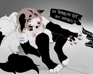 anthro areola black_body black_fur bodily_fluids breasts brown_hair claws crying dipstick_tail distressed ears_down expressive eyebrows female finger_claws fluffy fluffy_hair fluffy_tail fur glistening glistening_eyes gloves_(marking) green_eyes hair leg_markings lgbt_pride long_hair markings motion_lines nipples nude pawpads pivoted_ears pride_colors sad sad_smile sitting socks_(marking) speech_bubble tail tail_markings tears text thick_eyebrows thick_thighs toe_claws transgender_pride_colors white_body white_fur hushloafs hush_(hushloafs) canid canine fox mammal english_text hi_res trans_(lore) trans_woman_(lore)